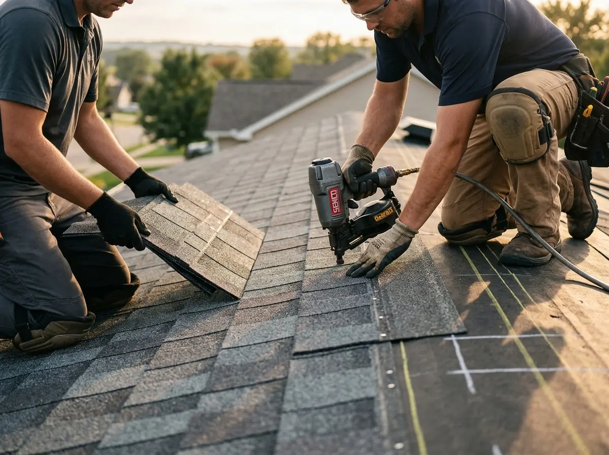 Professional roofer working on a residential roof in Lynnfield